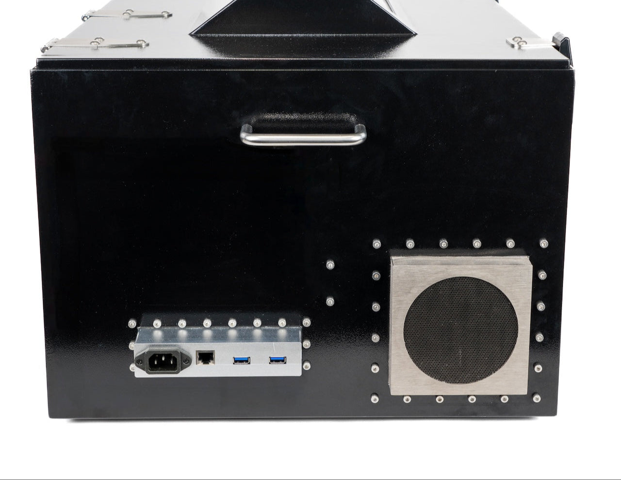 Shielded dual-sided filter ports (USB, AC, and RJ45) on the BlockBox Lab XL back panel