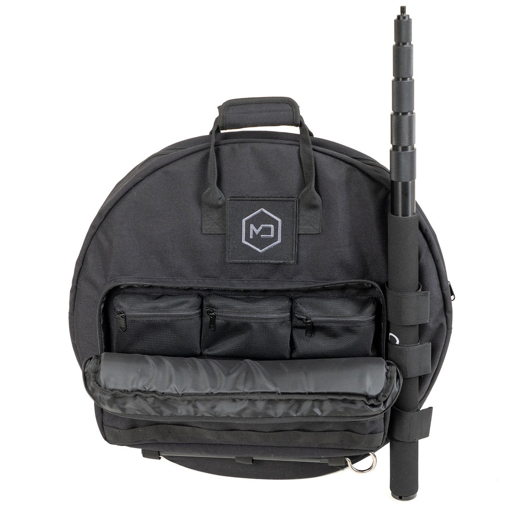 Carrying case front flap opened showing three zippered accessory pockets, with the deployment pole held in side retention straps