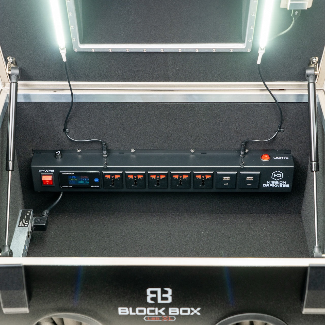 Interior of BlockBox Lab XL showing the powered outlet strip and LED lighting