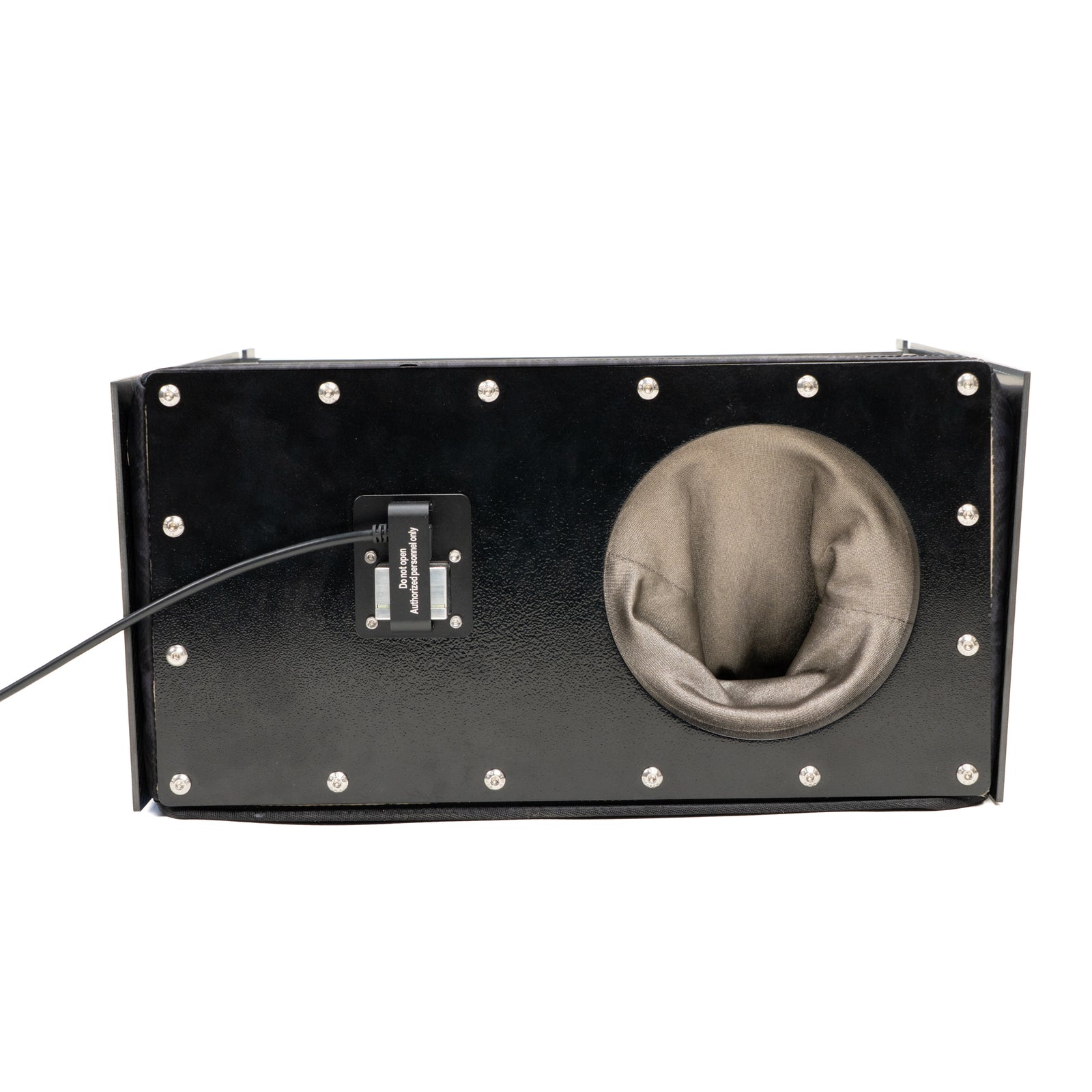 BlockBox Touch Pro One interior showing the shielded window, single glove mount, and aluminum filter panel