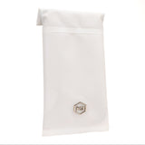 Dry Shield Faraday Phone Sleeve White Edition waterproof pouch with a silver metal logo on a white background