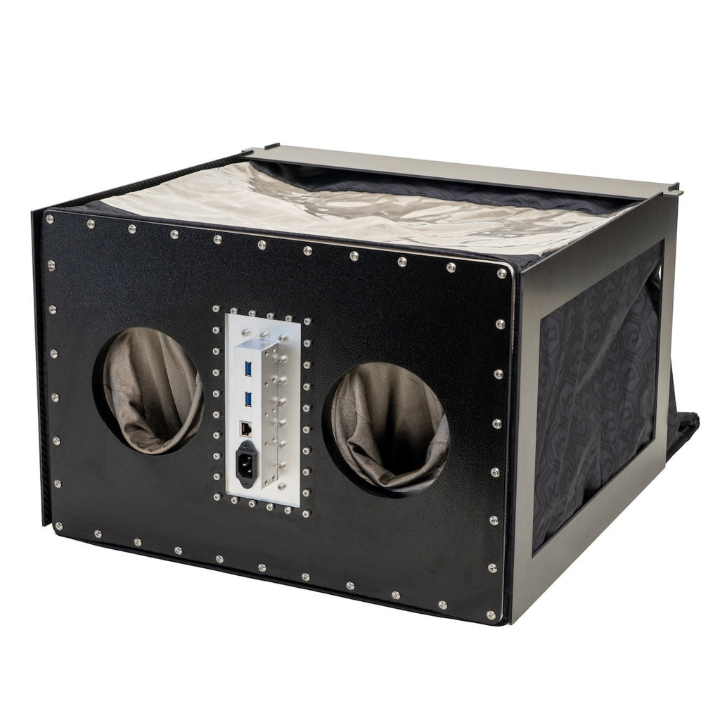 Mission Darkness BlockBox Touch Pro analysis enclosure with dual conductive gloves, shielded filter panel, and preview window