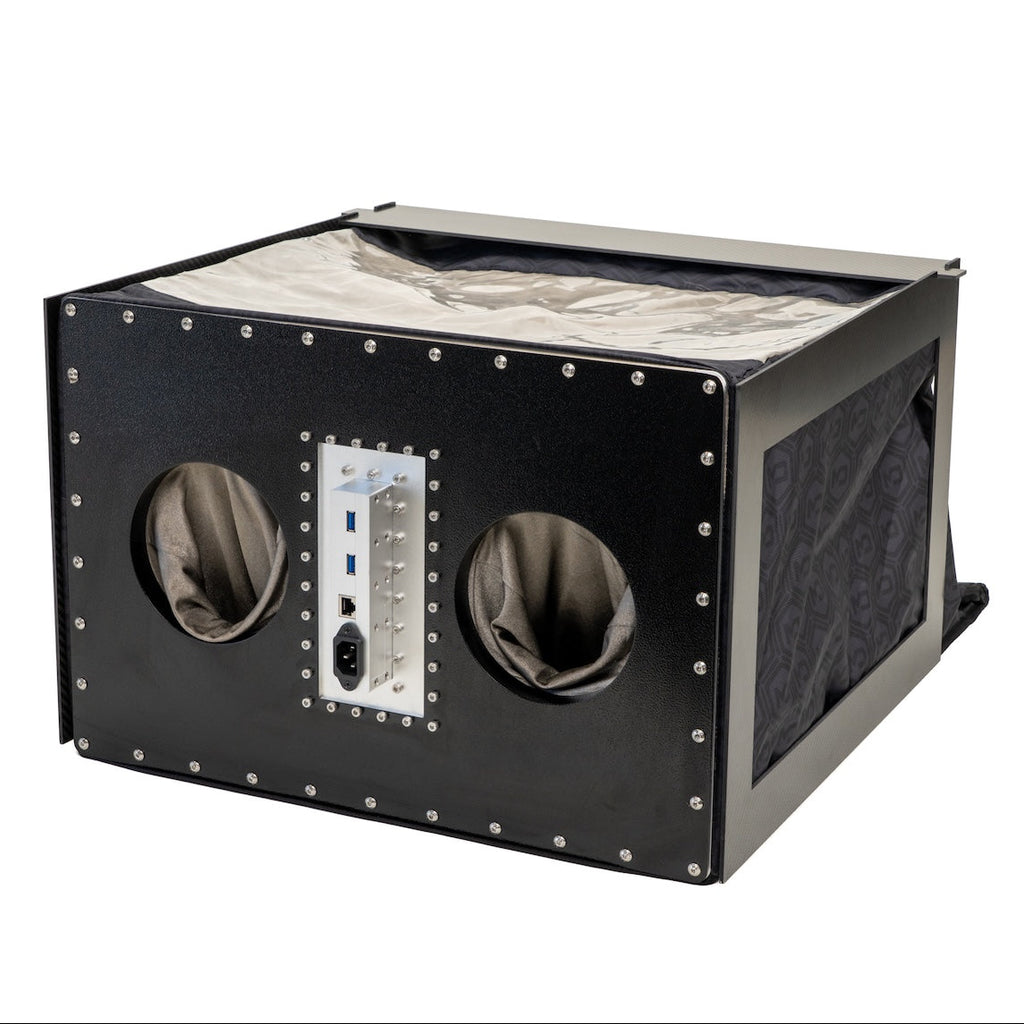 Mission Darkness BlockBox Touch Pro analysis enclosure with dual conductive gloves, shielded filter panel, and preview window