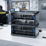 Server rack in a police station with a sheriff in the background