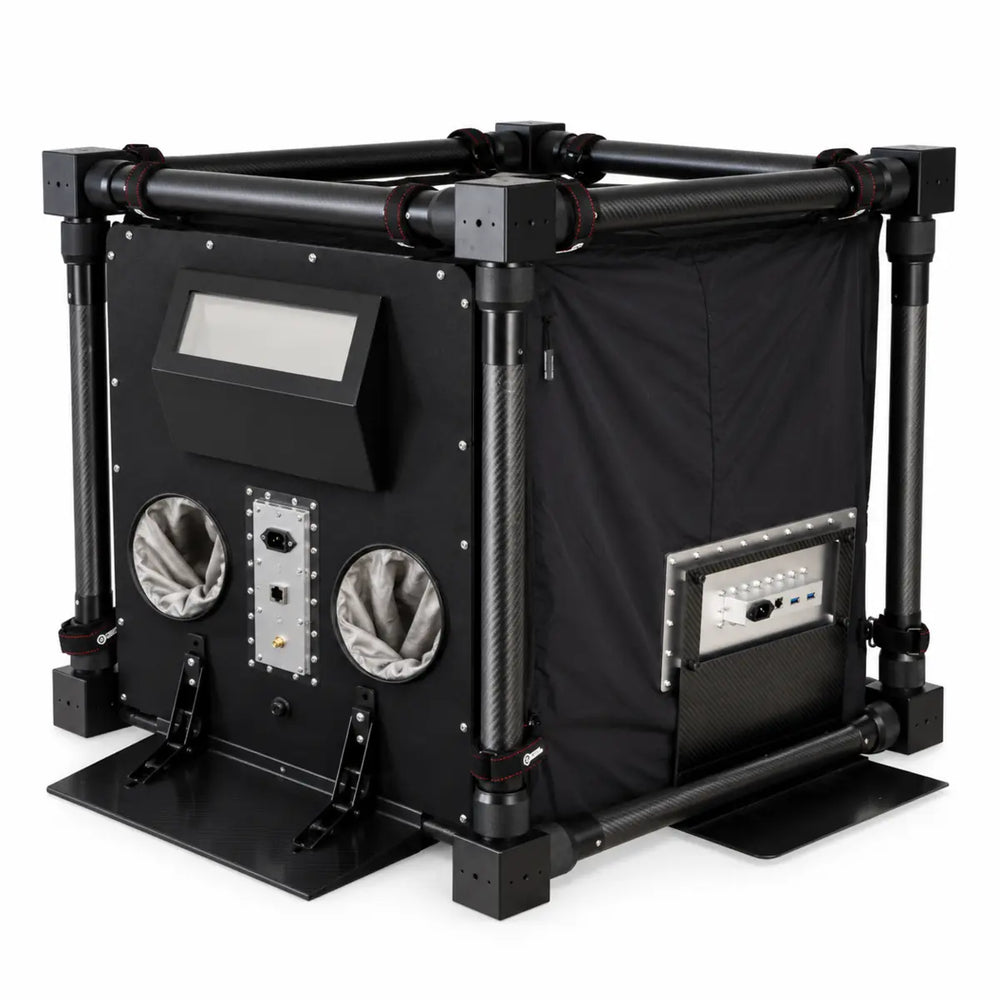 Interface plate and stand built into the fabric wall of a CYPHERCYLENT Faraday Capsule