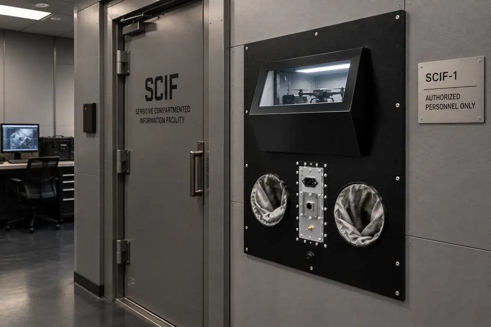 Interface plate mounted directly into the rigid wall of a shielded SCIF room