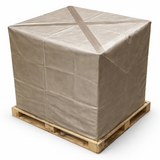 Cube-shaped object wrapped in brown paper on a wooden pallet against a white background