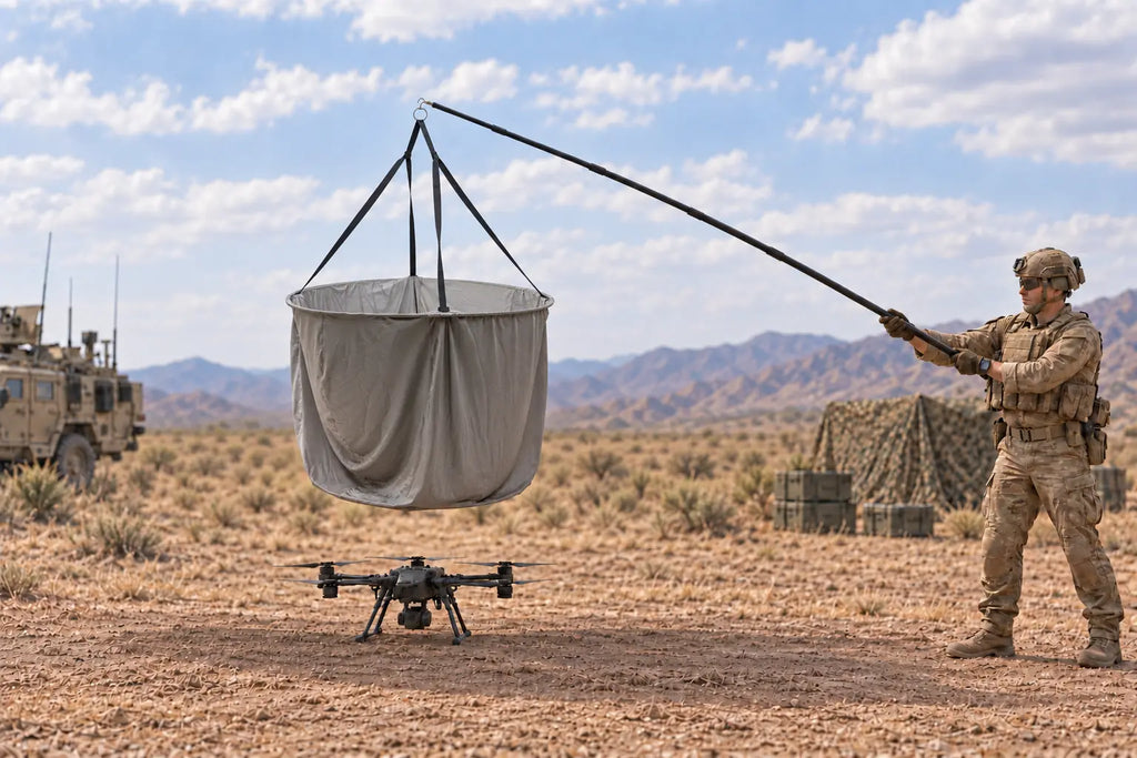 Operator placing the DroneCloak over a downed drone in an open desert environment