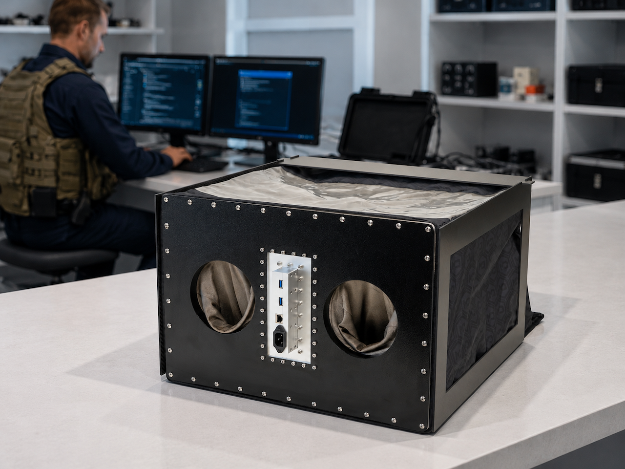 Mission Darkness BlockBox Touch Pro set up as a shielded analysis workstation in a forensic lab